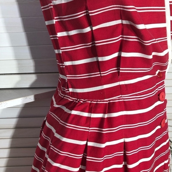 Vintage 80s Lucy Red and White Striped Cotton Nautical Midi Dress S - Picture 10 of 13